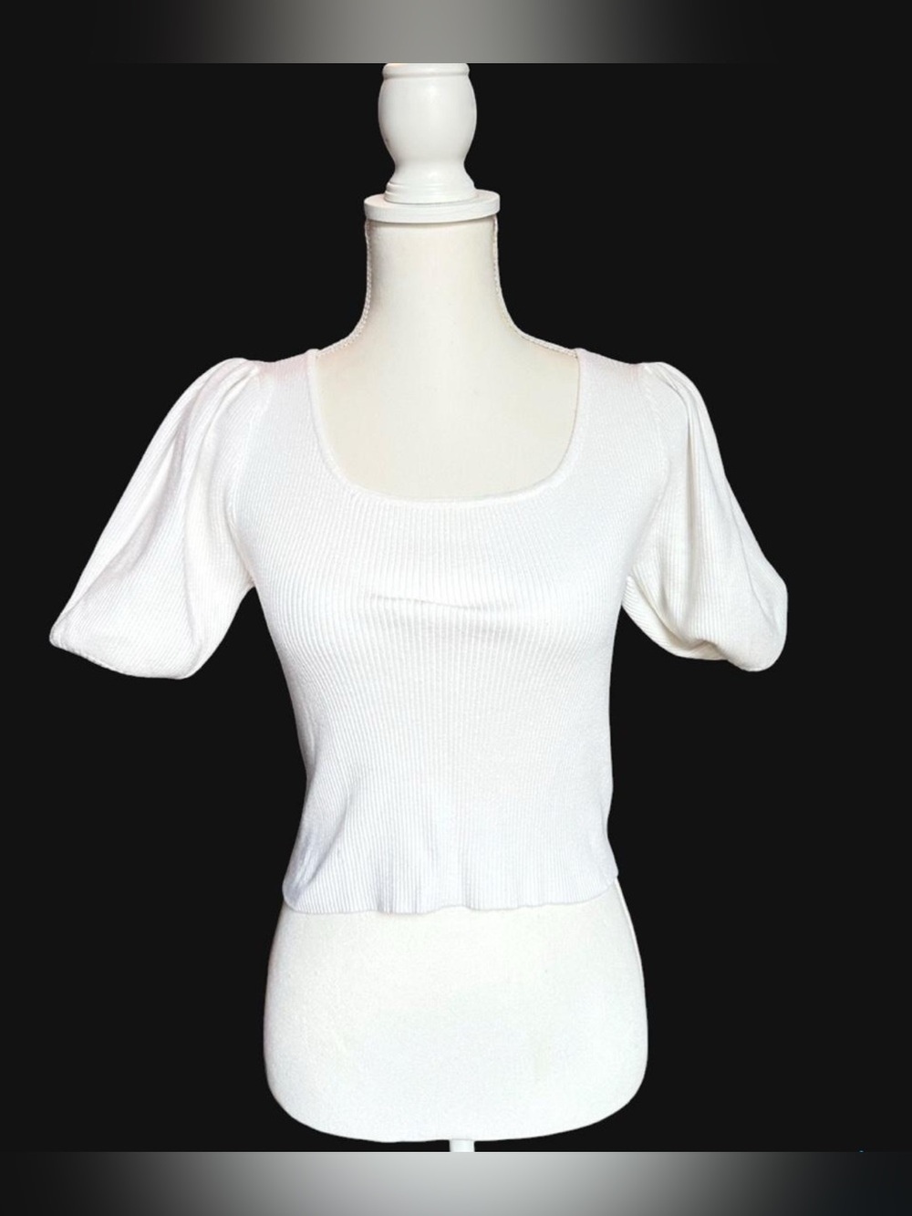 Women’s White Square Neck Puff Sleeve Rib Knit Top